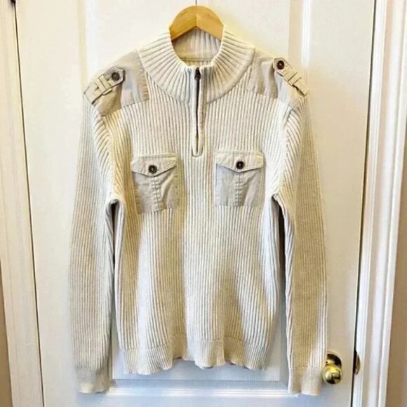American Rag Mens Sweater 1/4 Zip Ribbed Cotton Pullover Beige Size Large - Picture 3 of 16